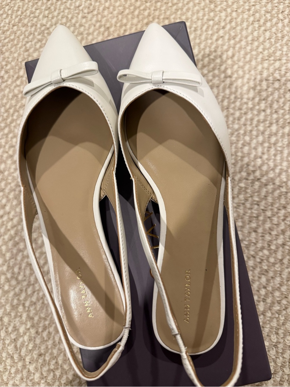 Ann Taylor White Pointed-Toe Slingback Flats with Bow Accent